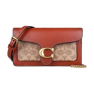 COACH Tabby金字LOGO設計牛皮拼接塗層帆布鏈帶斜背手拿包(卡其x棕紅)