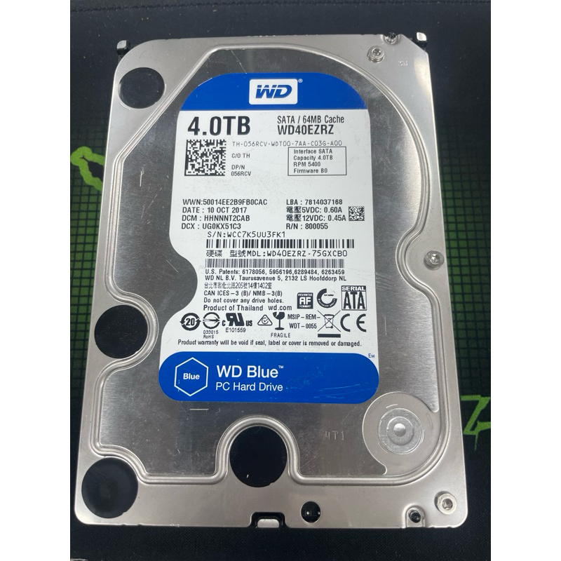 WD威騰 3.5吋硬碟 SATA3 4TB 藍標 7200轉 WD40EZRZ