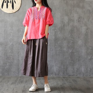 簡約刺繡寬鬆藝文小v領竹節棉上衣女夏季百搭復古棉麻短袖T恤衫