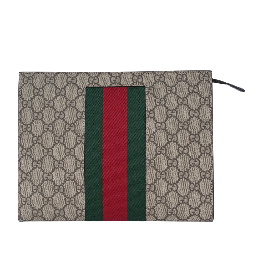 GUCCI GG Supreme 塗層帆布綠紅織帶手拿包(米色/烏木色)