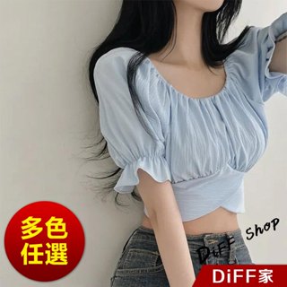 【diff】韓版交叉皺褶綁帶短版上衣 短袖上衣 顯瘦上衣 衣服 夏天女裝 短板上衣 短版t恤 女裝【t615】