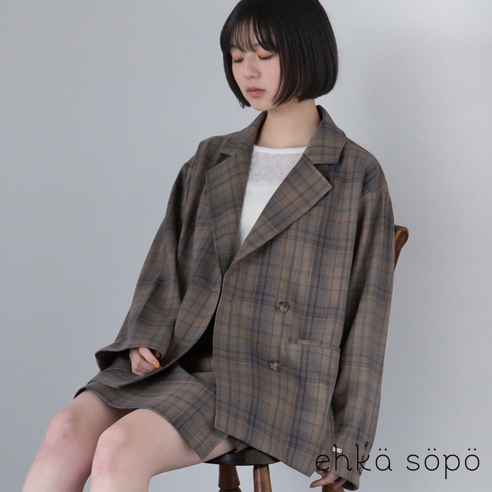 ehka sopo 素面/格紋後綁帶造型雙排釦西裝外套(0F000518110)