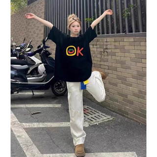 【臺灣出貨】純棉笑臉重磅短袖t恤女夏季寬鬆顯瘦韓系短袖落肩圓領oversize t恤美式高街設計感短袖上衣女生夏季穿搭