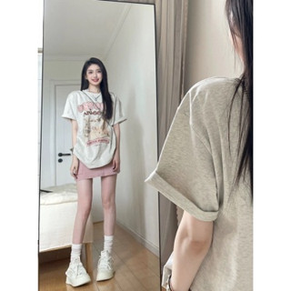 2025新款 夏季純棉短袖T恤女 設計感小眾美式復古 寬鬆潮流百搭上衣 後包領 有縫邊 夏裝短袖T恤女