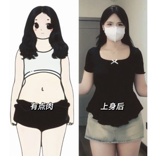 【L-4XL大碼微胖顯瘦上衣】夏季設計感T恤 休閒 遮肉 顯瘦 顯身材 夏季短袖 胖MM短袖蝴蝶結T恤 大尺碼T恤