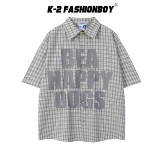 【k-2】be happy dogs 英文 格紋 短袖襯衫 排釦 設計 文青 簡約 不失個性 男女不拘【jma53】