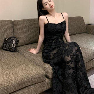 修身小禮服長裙 黑色網紗吊帶裙 氣質 性感 收腰吊帶裙 裙子 裙裝 長裙 吊帶裙 加大碼長裙 禮服吊帶裙 名媛風長裙