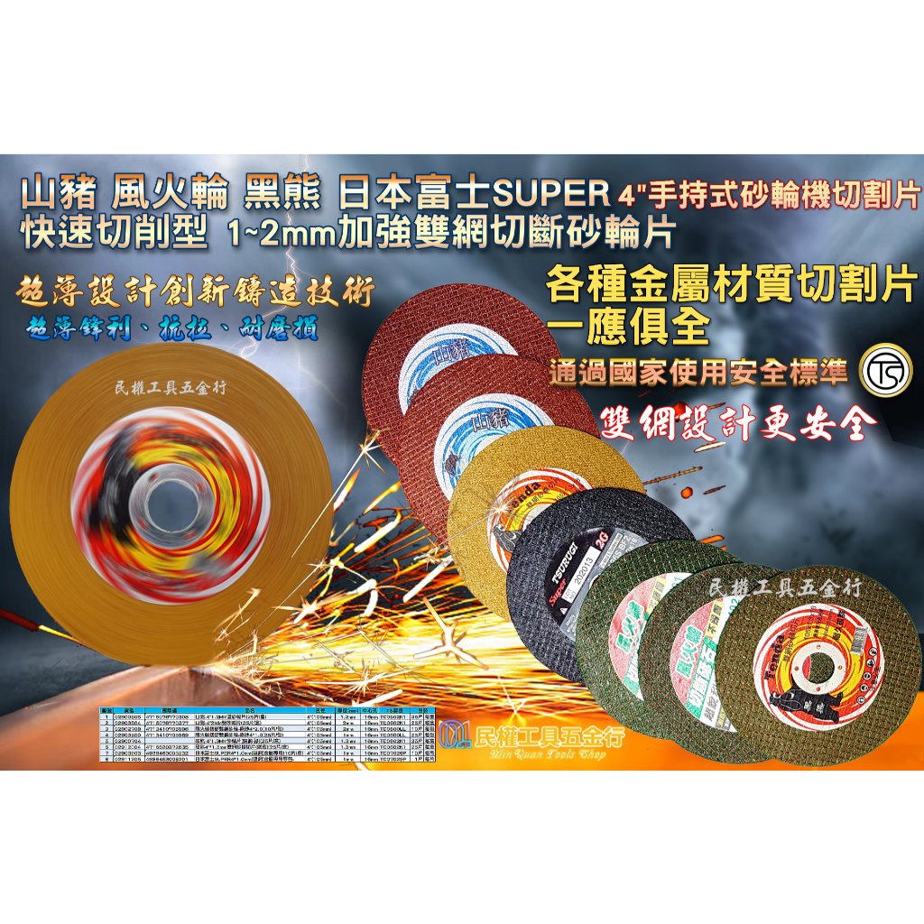 【民權工具五金行】山豬 風火輪 黑熊 日本富士SUPER TS認證 1~2mm加強雙網切斷砂輪片 切斷砂輪片 金屬切片