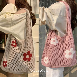 𝑹𝒐𝒔𝒆𝒃𝒖𝒏.現貨 夏日花朵刺繡針織包 編織肩揹包 手提包 韓國包包 韓網包 大容量包 海灘包 韓網包