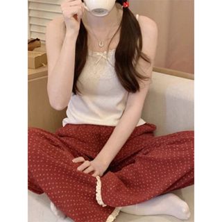 「 夏夏XIAXIA 」韓系ins風睡衣 紅碎花長睡褲 空調褲 睡衣女 女生家居服睡衣睡褲 寬鬆長睡褲 女生舒適內著睡褲