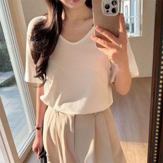 【白鳥麗子】簡約純色棉質V領五分袖上衣