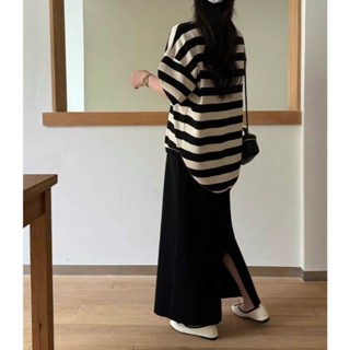 AK正韓 圓領短袖條紋針織上衣+開叉長裙套裝set 女生套裝 韓國空運 韓國直送 (4colors) Mar25