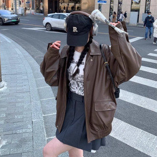 ZUCAS~韓版美式寬鬆復古咖色皮衣外套 機車外套 夾克 皮外套 女裝 衣服 保暖外套 保暖上衣 冬天外套(J-37)