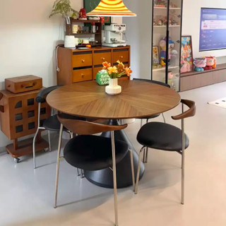 『MOKA®摩卡』桌子 餐桌 桌椅 圓桌 飯桌 中古風餐桌復古家用圓形實木圓桌黑胡桃木拼花極簡小戶型飯桌椅