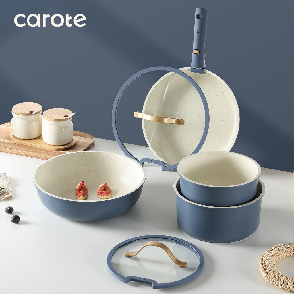 Carote 麥飯石不沾鍋可拆卸鍋具套裝10件組可拆式手把+26cm平底鍋+26cm煎炒鍋+20/26cm蓋電磁爐適用