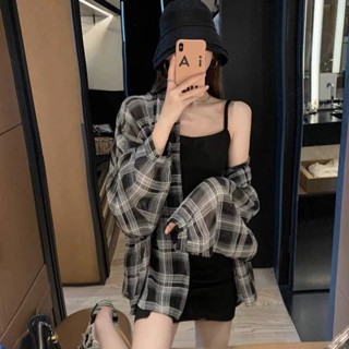 【HOSS】格子襯衫 薄款外套女 防曬罩衫 高階感 韓國女裝 夏季 寬鬆 長袖 襯衣 外搭 衣服 女生上衣 開衫外套女