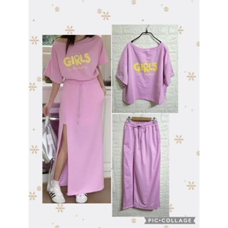 ♡summer room質感美衣♡俏皮字母可拉一字領短袖上衣+開衩長裙（套裝）