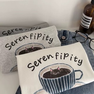 現貨/休閒時光☕️ 咖啡杯小黑貓印花日常百搭修身短袖t 3色 純棉高彈力 2025春夏女裝新品特價