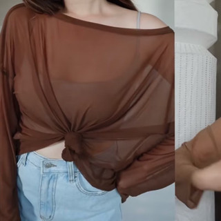 wear to eat 橄欖綠透膚上衣 m 絲滑微透膚多穿法上衣 可可棕 咖啡色 彈力網紗透明內搭衣 網紗上衣 網紗衣