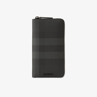 BURBERRY 炭灰色 格紋拼皮革 環繞式 拉鍊皮夾 錢包 長夾 80702541 80645861