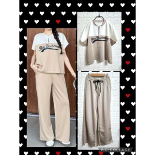 ♡summer room質感美衣♡拉鏈領設計字母配色感上衣+同色系寬褲（套裝）