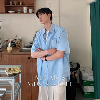【Algar選品】韓國INS馬卡龍百搭短袖襯衫 shirt 上衣 男生襯衫 襯衫 落肩 寬鬆 街頭 痞帥 外套 罩衫簡約