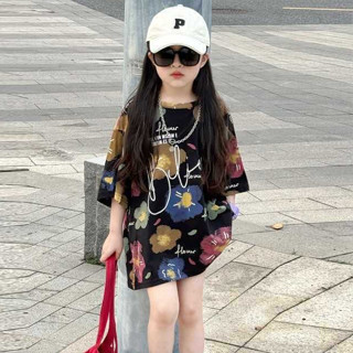 ❣️預購❣️日系韓版中大童加大尺碼童裝黑色滿版花兒朵朵寬鬆圓領中長板休閒短袖棉T上衣~女童夏季穿搭~