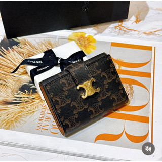 二手旗艦 Celine 全新現貨 咖啡色 老花 PVC 凱旋門 金色LOGO 三摺 短夾 皮夾(中友店)