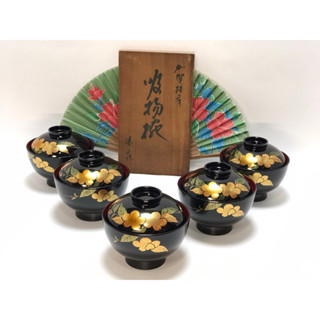 日本傳統漆器 蒔繪 櫻花紋 木粉胎 外黑內朱蓋碗5入組 吸物碗 附原木盒 /交換禮物 收藏/日本製/限量出清