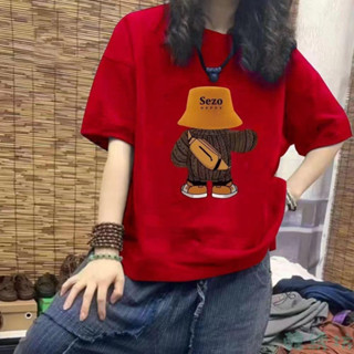 【韓綉坊】純棉短袖T恤夏季寬鬆顯瘦百搭卡通小熊印花上衣 大尺碼女裝 短袖t恤 短袖上衣 氣質上衣 設計感上衣 韓版上衣