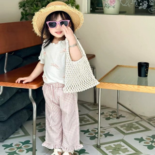 Baby童衣 兒童短袖套裝 女童夏季蝴蝶結上衣+粉格紋套裝 幼童甜美寬褲套裝 89119