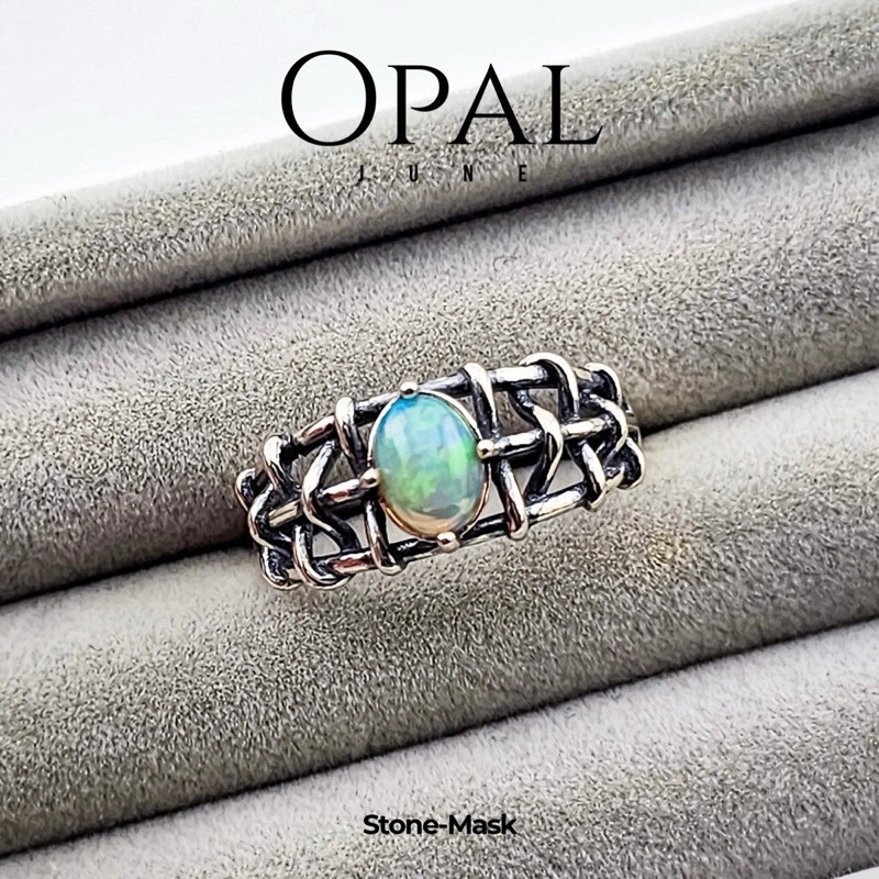 石鬼面🔅天然 白歐泊 彩光 歐泊石 水晶 蛋型 復古 純銀戒 Opal-100