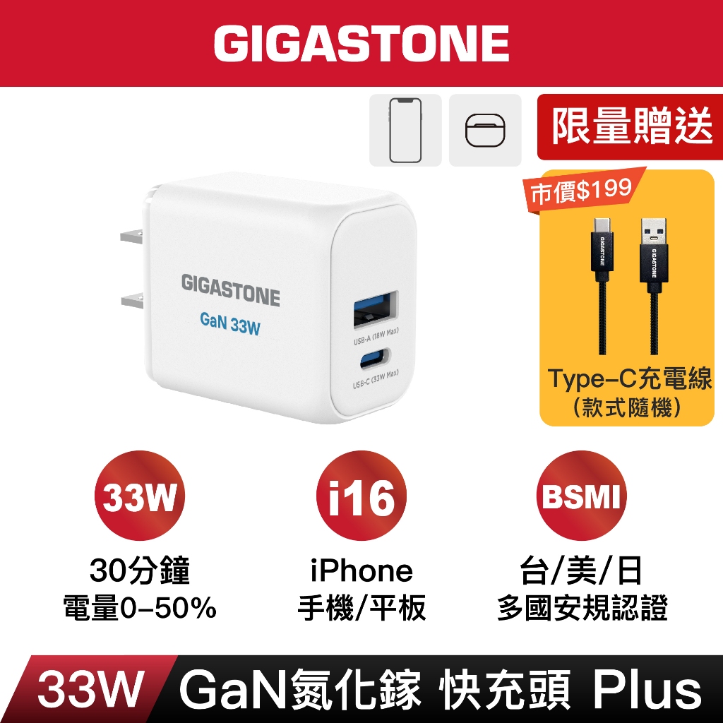 【GIGASTONE】33W PLUS Gan 氮化鎵Type-C快充頭｜適用iPhone16/安卓手機充電器/豆腐頭
