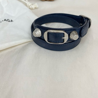 Balenciaga巴黎世家深藍色銀色鉚釘皮手環
