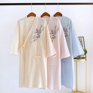 （臺灣熱銷）日式 女生和風和服睡衣 睡袍 浴衣 溫泉服 純棉紗布刺繡長款浴袍 寬鬆大碼係帶長袖睡袍 汗蒸服 甚平和服