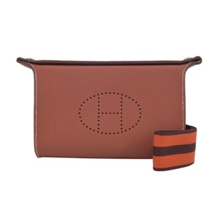 Hermes 愛馬仕 Videpoches Barenia Faubourg 小牛皮打孔H帆布背帶肩揹包(4E楓葉棕/銀