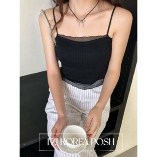 IZ實拍（超仙！純慾系蕾絲拼接）現貨 超美華夫格紋 涼感萊卡棉 彈性罩杯 bratop 細肩帶小可愛 黑白 背心上衣