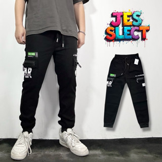 【JES】 韓系 質感 工裝 大口袋 拉鍊造型 小標 織帶 字母 印花 彈性 親膚 透氣 休閒 縮口褲 工裝長褲 長褲