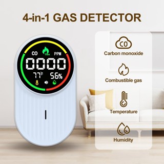 安全必備 免電池4合1瓦斯/一氧化碳/溫度/濕度檢測警報器 出口直插電使用免充電 家庭公司車宿露營車 大顯示 保命救命器
