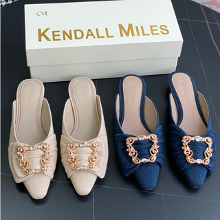 【台灣出貨】官網2780RMB 正品KENDALL MILES女鞋 進口牛仔布面晚風拖鞋 羊皮低跟外穿包頭穆勒拖鞋 兩色