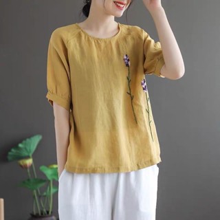 藝文復古花朵刺繡棉麻圓領短袖T恤女夏季新款大碼寬鬆百搭上衣女