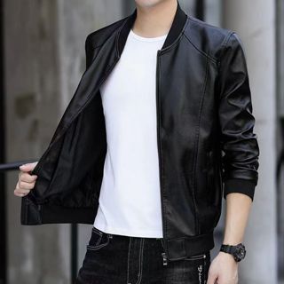 男士棒球領潮流時尚皮外套 男士皮衣皮外套 大碼夾克外套 秋冬加絨皮外套 飛行機車服 韓版休閒保暖皮衣夾克 皮衣 外套
