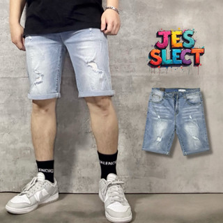 【JES】韓國 質感 水洗藍 刷破 抽鬚 破褲 彈性 透氣 潮流 百搭 修身 窄版 丹休閒 寧牛仔褲 牛仔短褲 短褲