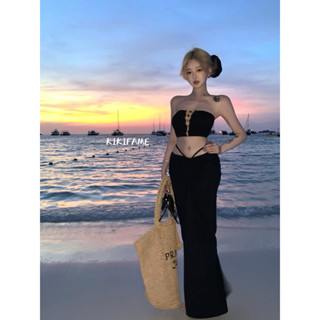【KIKIFAME】🖤渡假風性感黑色串珠平口背心 長裙+內搭套裝 三件式泳衣 比基尼 三角褲 渡假套裝 黑色套裝 綁帶裙