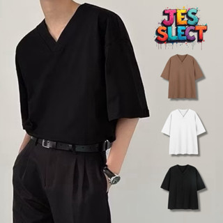 【JES】韓國 日系 質感 素面 V領 素T 彈性 親膚 透氣 超好穿 寬鬆 百搭 情侶 潮流 短袖 上衣 素T 短T