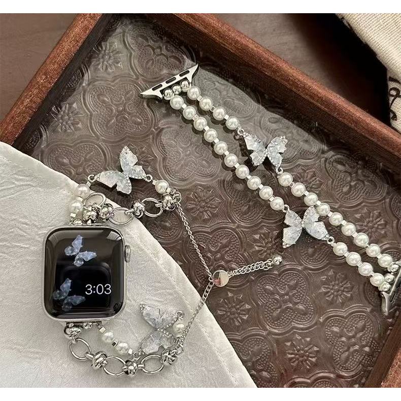 iwatch錶帶s10清冷感蝴蝶珍珠錶鏈 蘋果手錶applewatch s98765432代 手鏈式透氣錶帶