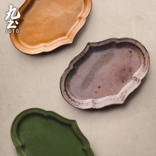 九土日式復古創意平盤日式餐盤花瓣造型盤家用陶瓷盤小魚盤微波爐用餐具粗陶餐具造型盤子甜點盤點心盤糕餅盤派對盤cjr0427