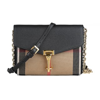BURBERRY Baby Macken雕刻字母LOGO直線條紋設計帆布拼小牛皮翻蓋肩背斜揹包(黑x棕)