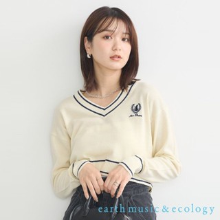 earth music&ecology 貓咪刺繡圖案V領長袖針織上衣(1L43L2C0100)