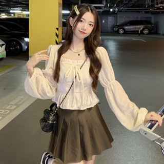 長袖上衣女 方領上衣 甜美溫柔公主風繫帶收腰長袖t恤 短板上衣 荷葉邊泡泡袖顯瘦上衣 女裝 衣服